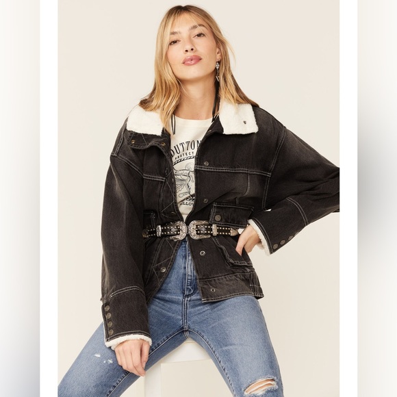Free People We The Free‎ Ariel Cozy Denim Bomber Jacket Faded Black Sherpa Large - Picture 10 of 10